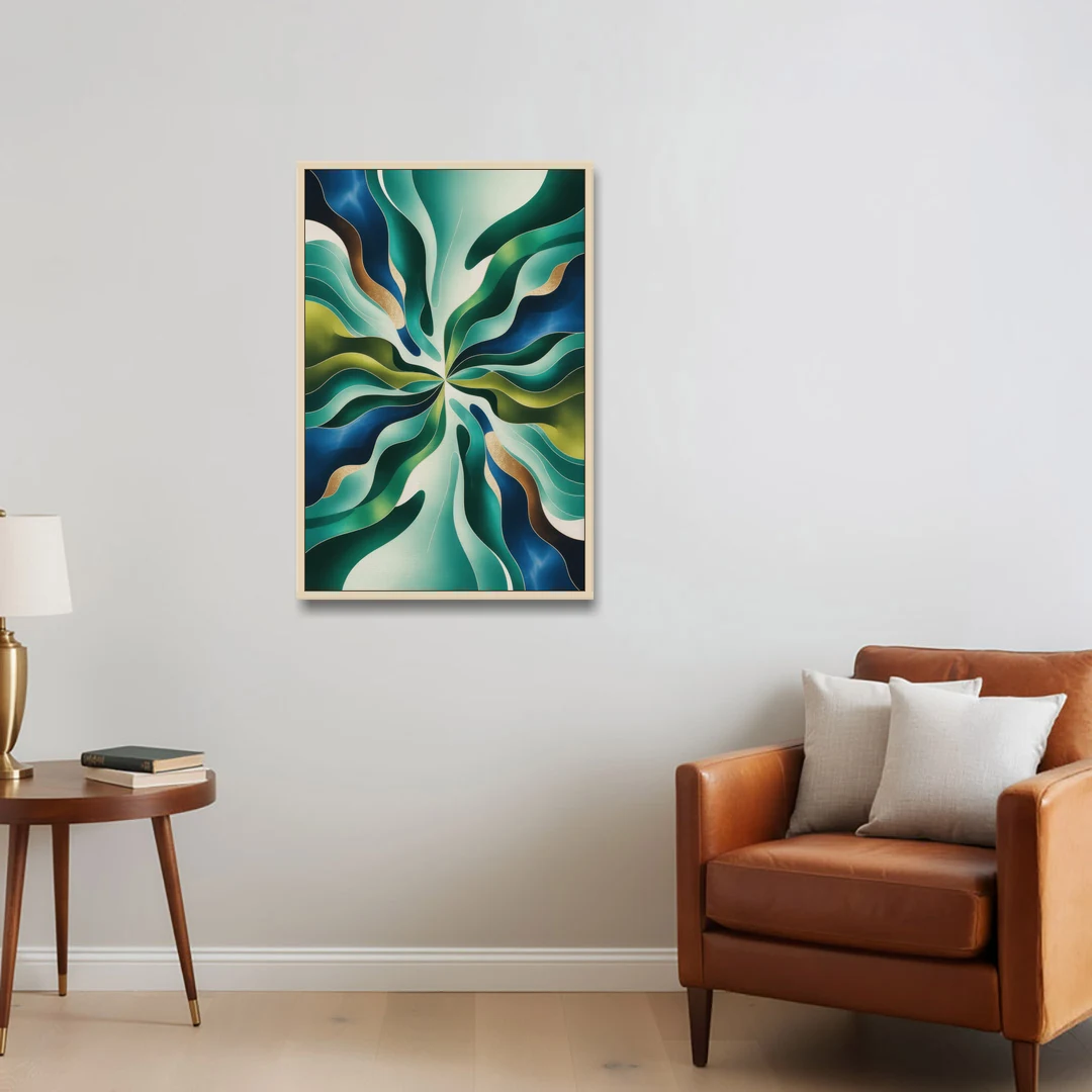 Ethereal Harmony Blue and Green Abstract - Oak Framed Canvas Wall Art - Sofa - 24x36