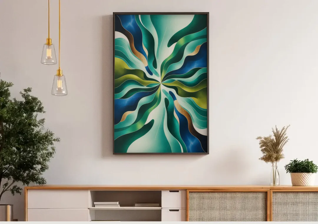 Ethereal Harmony Blue and Green Abstract canvas wall art above a wooden sideboard under pendant lights