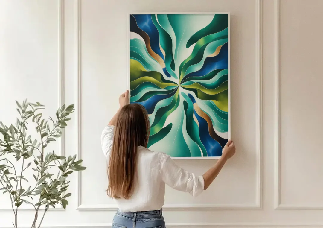 Ethereal Harmony Blue and Green Abstract canvas wall art being hung on a paneled wall