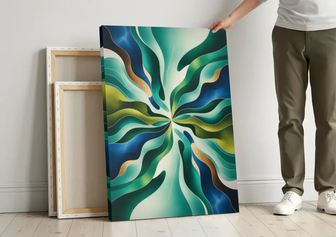 Ethereal Harmony Blue and Green Abstract canvas wall art leaning against a wall next to blank canvases