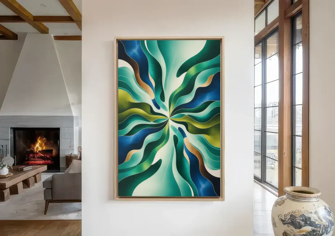 Ethereal Harmony Blue and Green Abstract canvas wall art in a living room with a fireplace