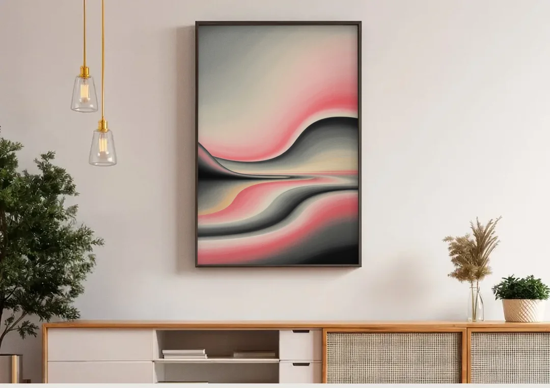 Ethereal Horizon Pink and Grey Abstract canvas wall art above a wooden sideboard under pendant lights