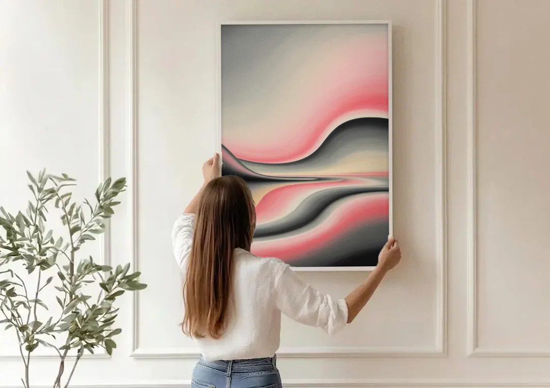 Ethereal Horizon Pink and Grey Abstract canvas wall art being hung on a paneled wall