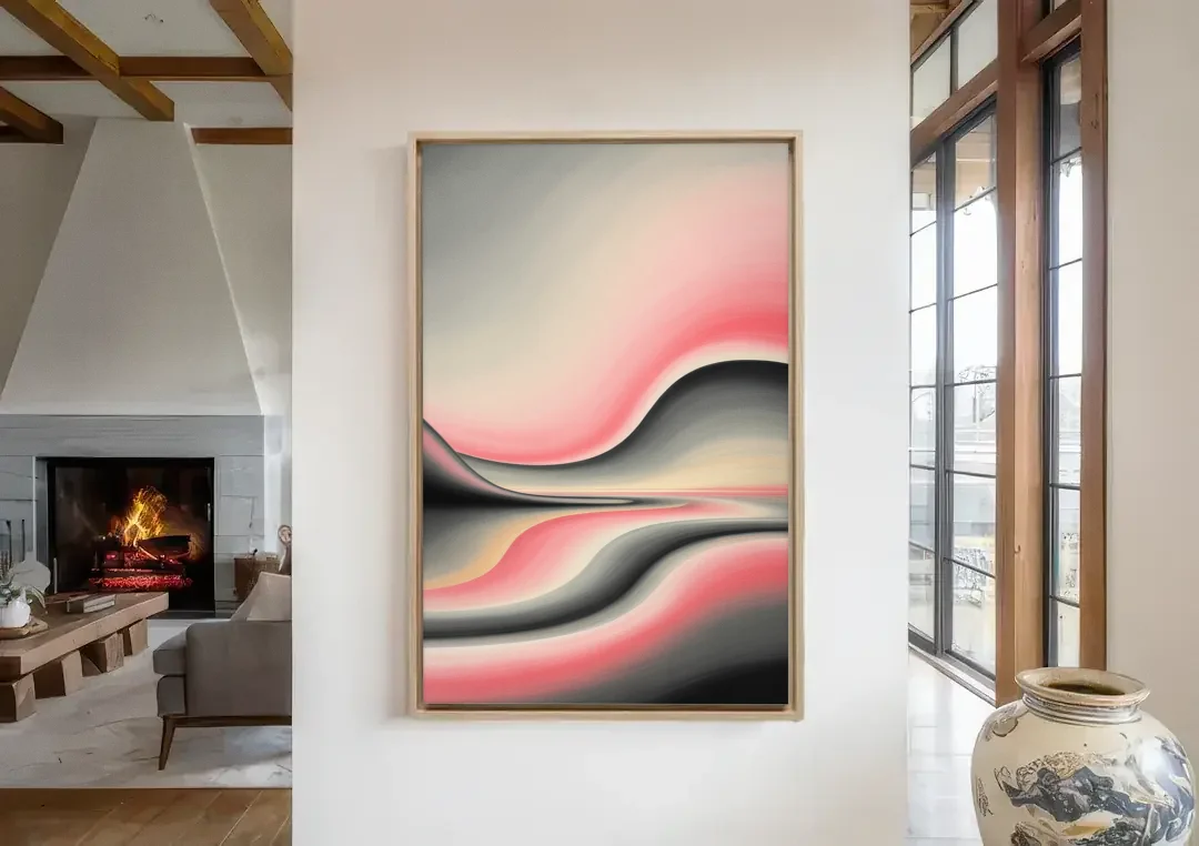 Ethereal Horizon Pink and Grey Abstract canvas wall art in a living room with a fireplace