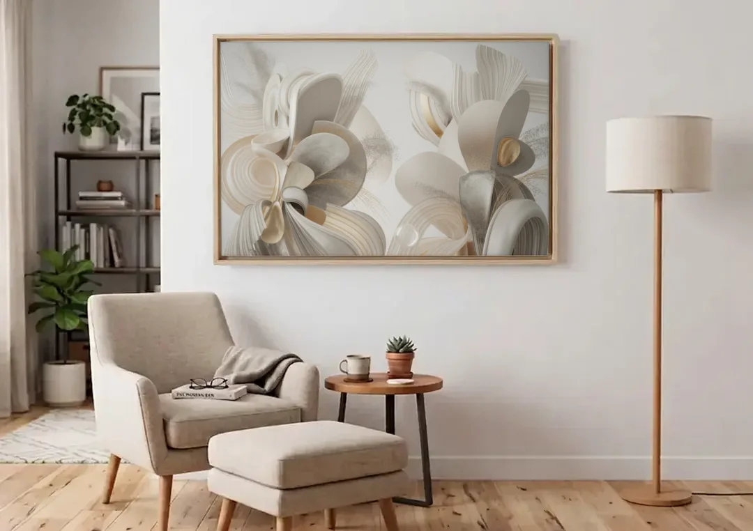 Ethereal Interplay White Abstract canvas wall art above an armchair in a bright living room