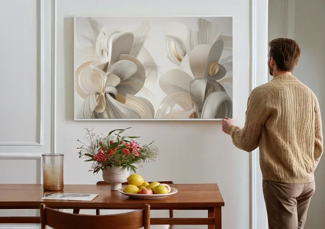 Ethereal Interplay White Abstract canvas wall art above a dining table