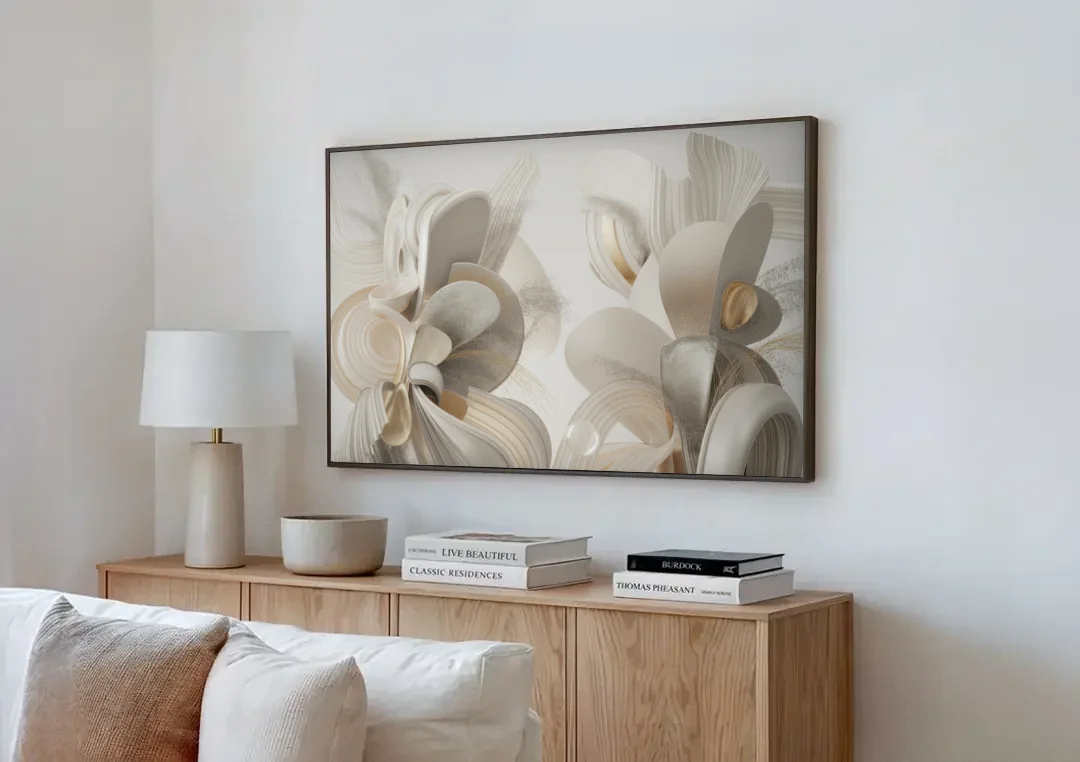 Ethereal Interplay White Abstract canvas wall art above a wooden sideboard next to a sofa
