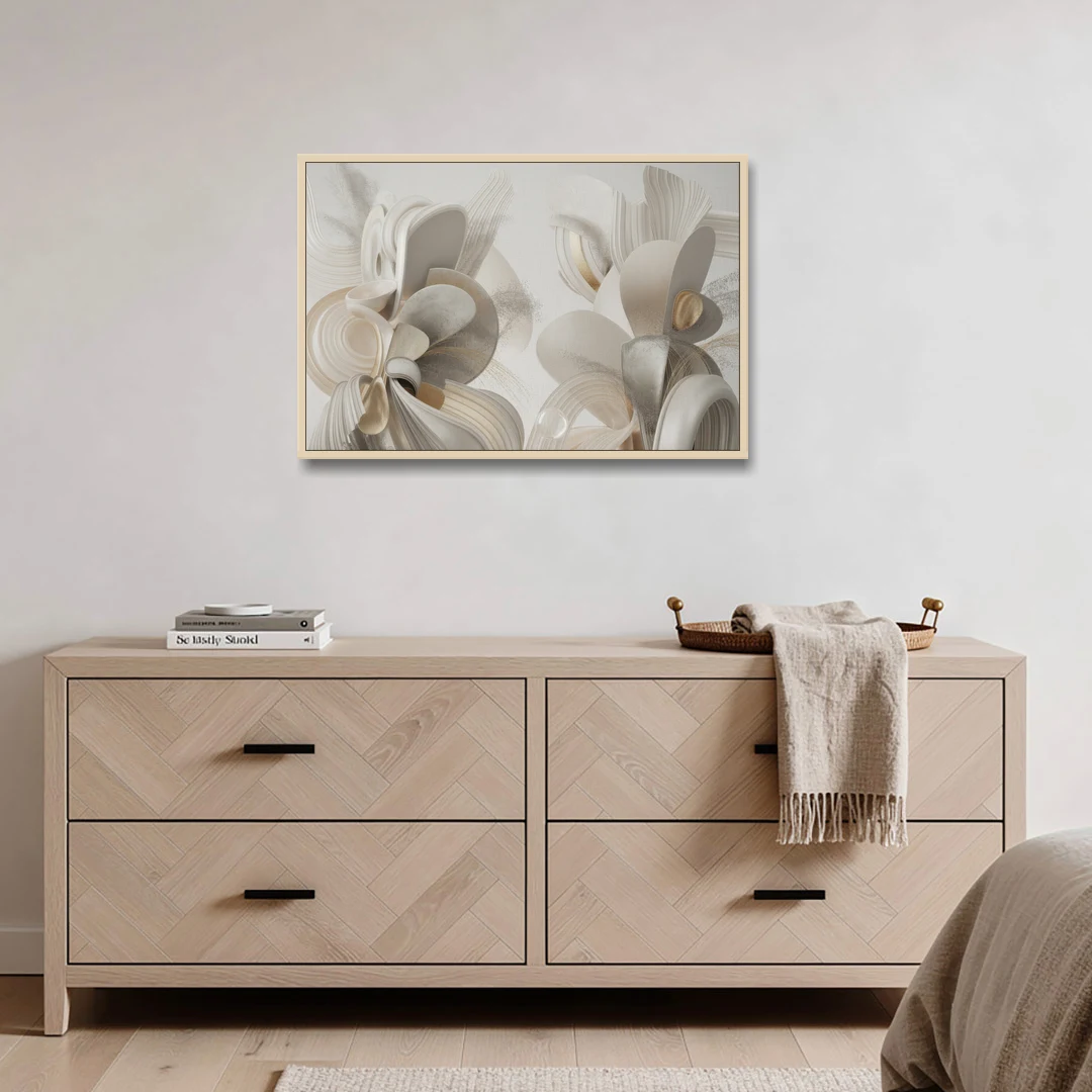 Ethereal Interplay White Abstract - Oak Framed Canvas Wall Art - Coffee Table - 36x24