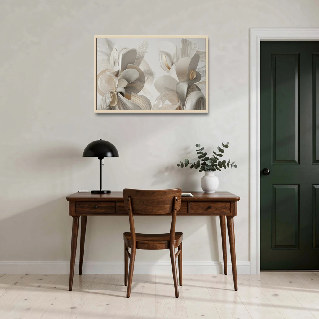Ethereal Interplay White Abstract - Oak Framed Canvas Wall Art - Office - 36x24