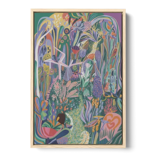 Ethereal Jewel Garden Colorful Abstract - Oak Framed Canvas Wall Art - Front