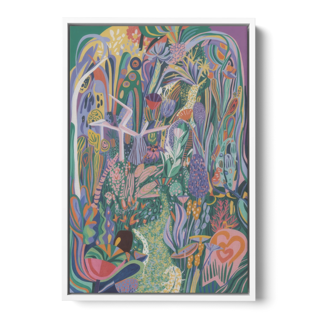 Ethereal Jewel Garden Colorful Abstract - White Framed Canvas Wall Art - Front