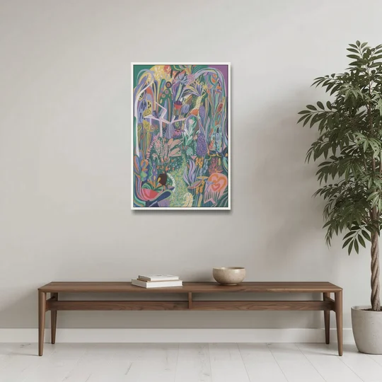 Ethereal Jewel Garden Colorful Abstract - White Framed Canvas Wall Art - Coffee Table - 24x36