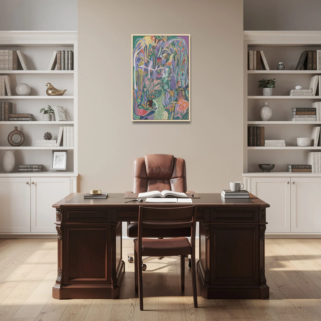 Ethereal Jewel Garden Colorful Abstract - Oak Framed Canvas Wall Art - Office - 24x36