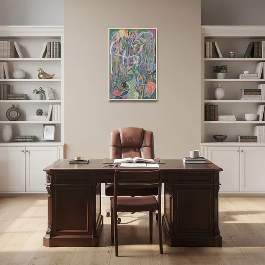 Ethereal Jewel Garden Colorful Abstract - Oak Framed Canvas Wall Art - Office - 24x36