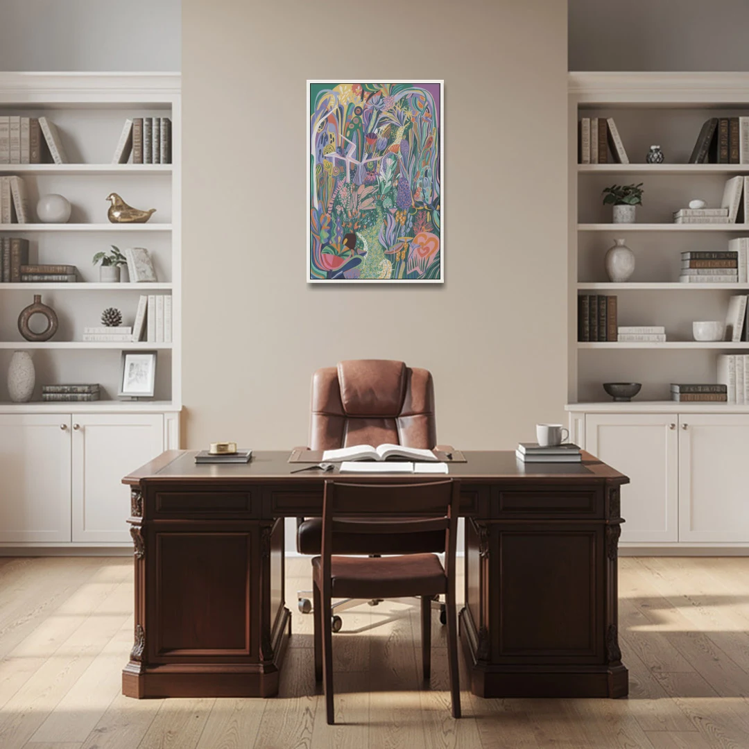 Ethereal Jewel Garden Colorful Abstract - White Framed Canvas Wall Art - Office - 24x36