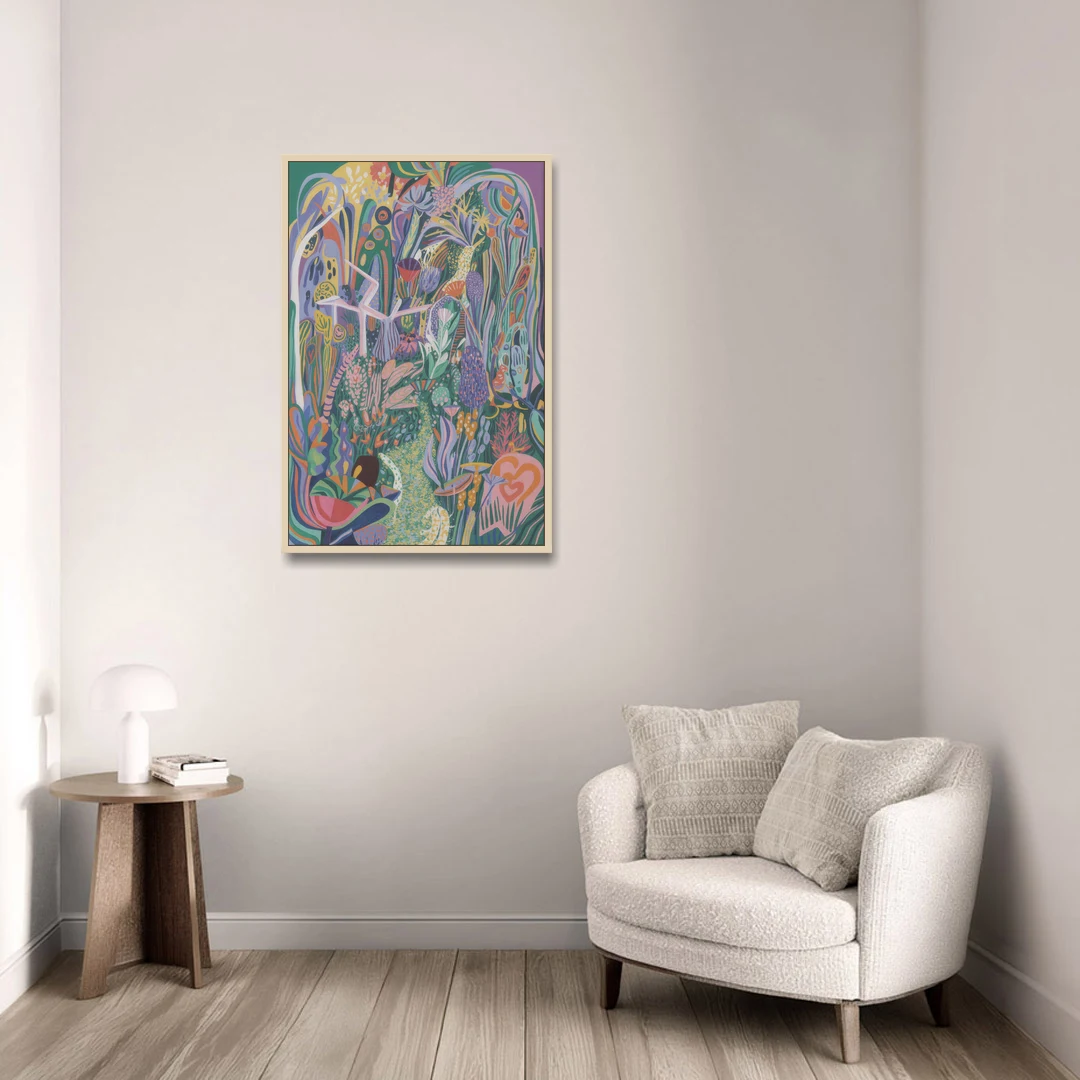 Ethereal Jewel Garden Colorful Abstract - Oak Framed Canvas Wall Art - Sofa - 24x36