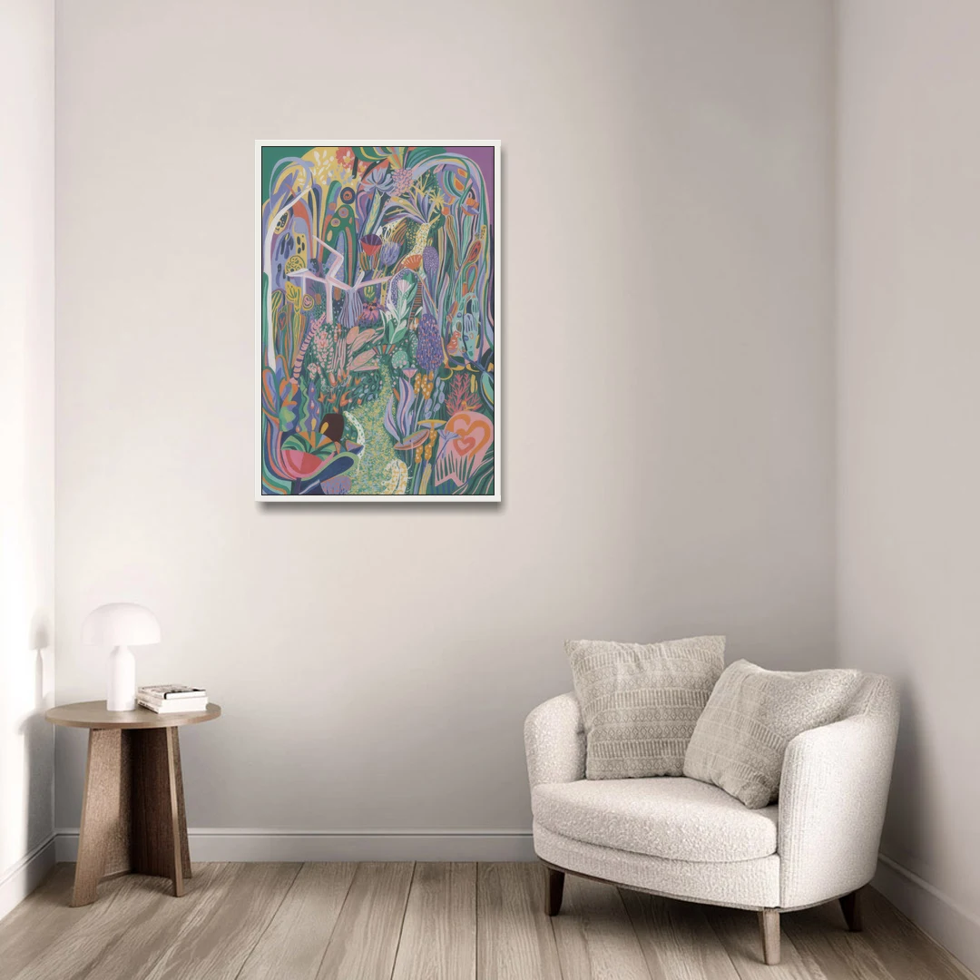 Ethereal Jewel Garden Colorful Abstract - White Framed Canvas Wall Art - Sofa - 24x36