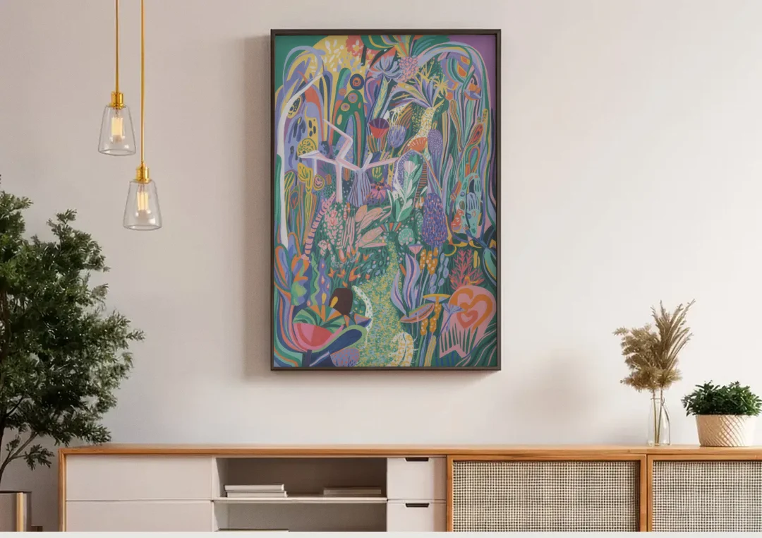 Ethereal Jewel Garden Colorful Abstract canvas wall art above a wooden sideboard under pendant lights
