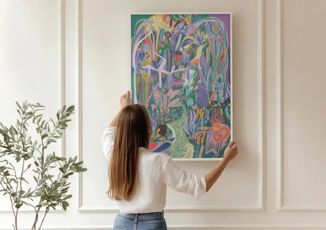 Ethereal Jewel Garden Colorful Abstract canvas wall art being hung on a paneled wall