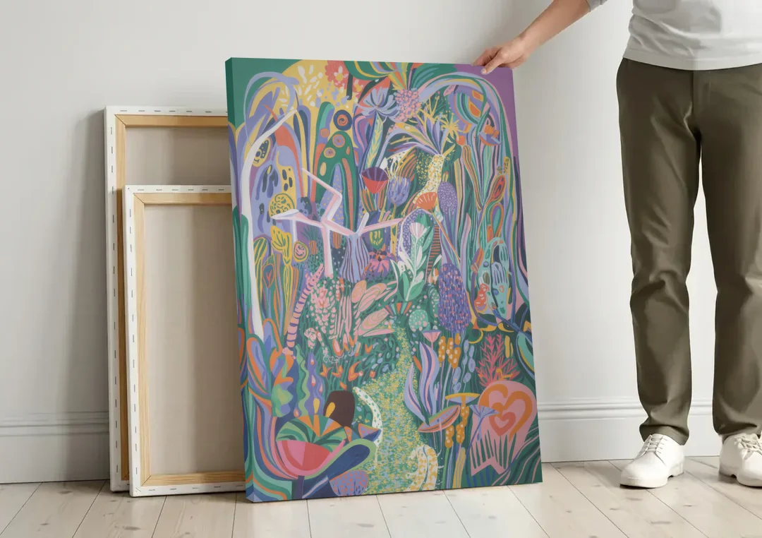 Ethereal Jewel Garden Colorful Abstract canvas wall art leaning against a wall next to blank canvases
