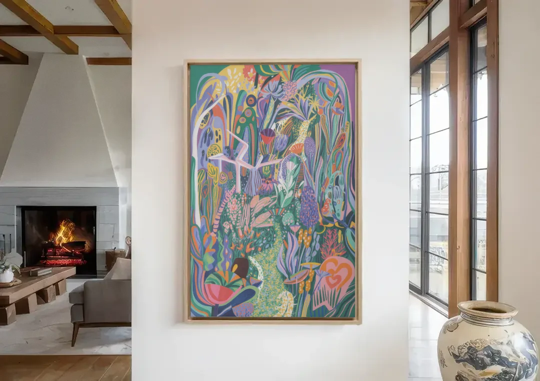 Ethereal Jewel Garden Colorful Abstract canvas wall art in a living room with a fireplace