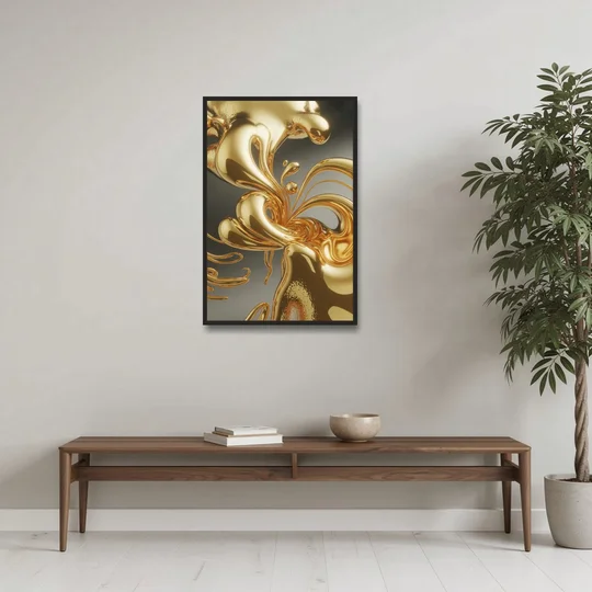 Ethereal Liquid Gold Abstract - Black Framed Canvas Wall Art - Coffee Table - 24x36