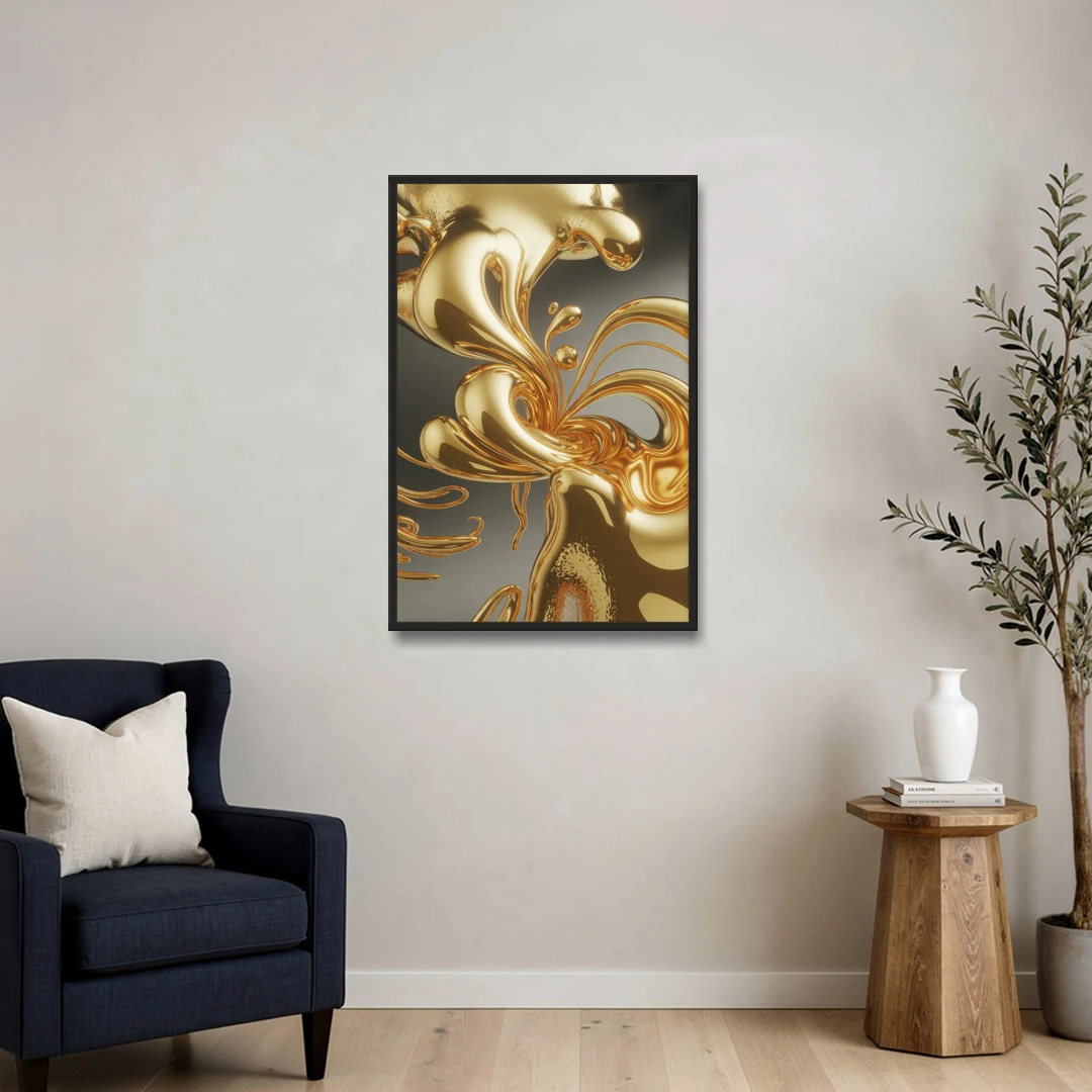 Ethereal Liquid Gold Abstract - Black Framed Canvas Wall Art - Sofa - 24x36