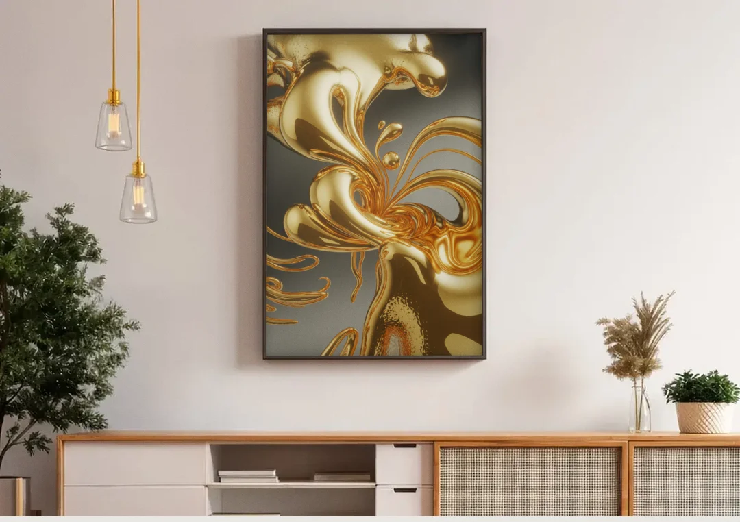 Ethereal Liquid Gold Abstract canvas wall art above a wooden sideboard under pendant lights