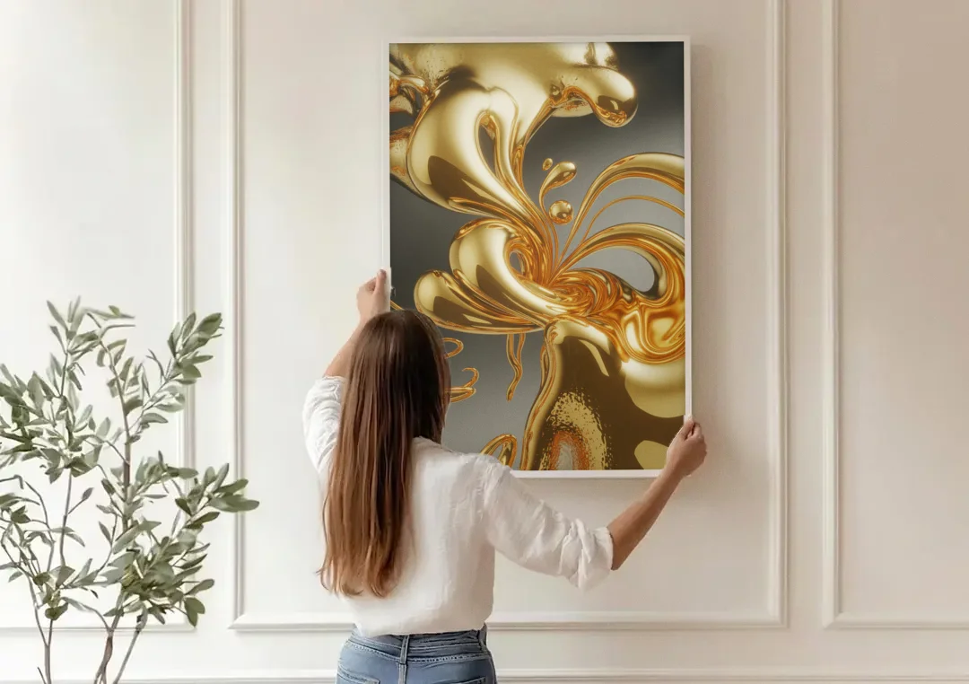 Ethereal Liquid Gold Abstract canvas wall art being hung on a paneled wall