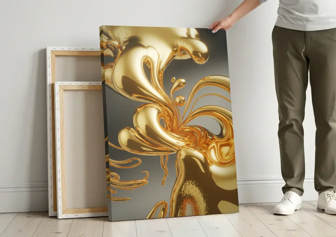 Ethereal Liquid Gold Abstract canvas wall art leaning against a wall next to blank canvases
