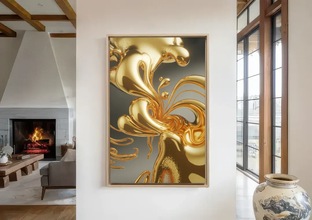 Ethereal Liquid Gold Abstract canvas wall art in a living room with a fireplace