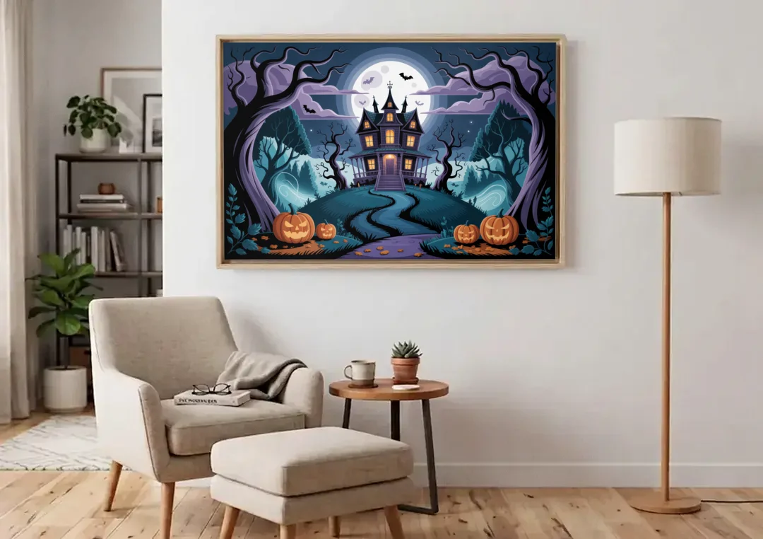Ethereal Mansion Enchantment Halloween canvas wall art above an armchair in a bright living room