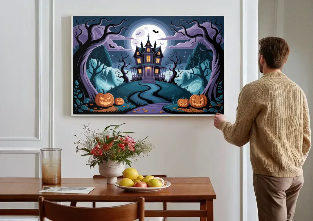 Ethereal Mansion Enchantment Halloween canvas wall art above a dining table
