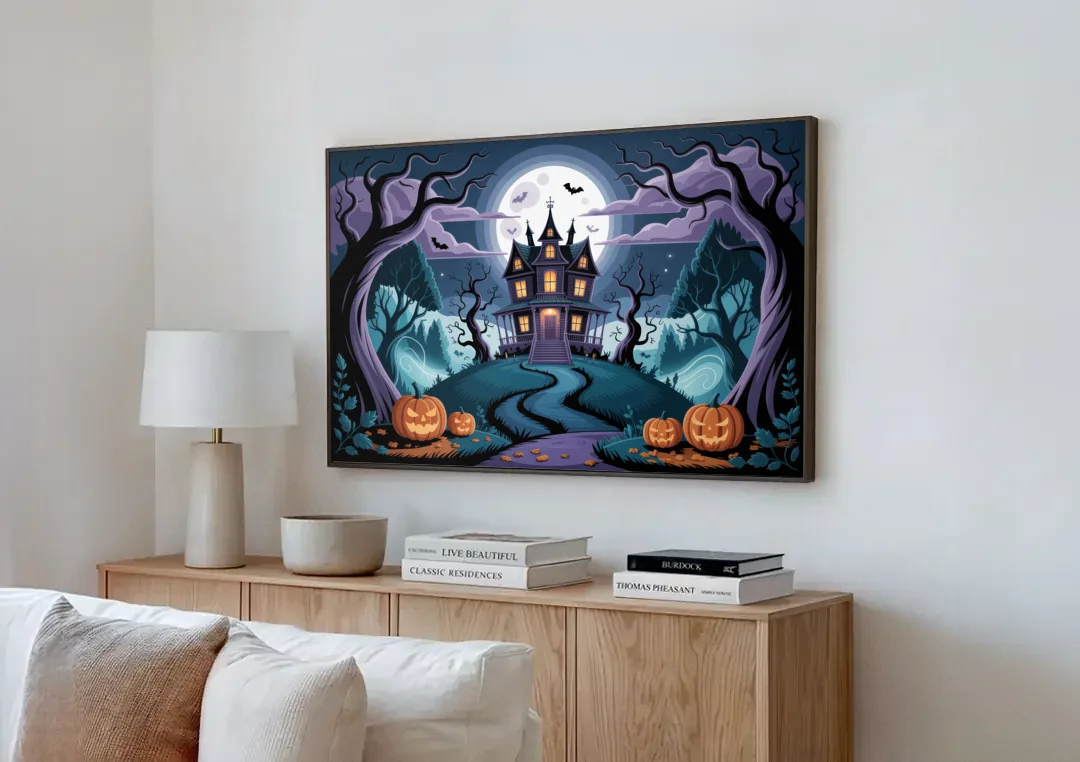 Ethereal Mansion Enchantment Halloween canvas wall art above a wooden sideboard next to a sofa