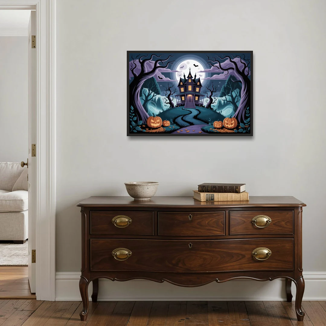 Ethereal Mansion Enchantment Halloween - Black Framed Canvas Wall Art - Coffee Table - 36x24