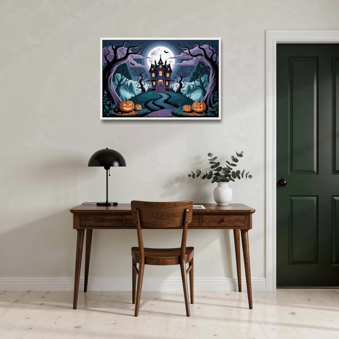 Ethereal Mansion Enchantment Halloween - White Framed Canvas Wall Art - Office - 36x24