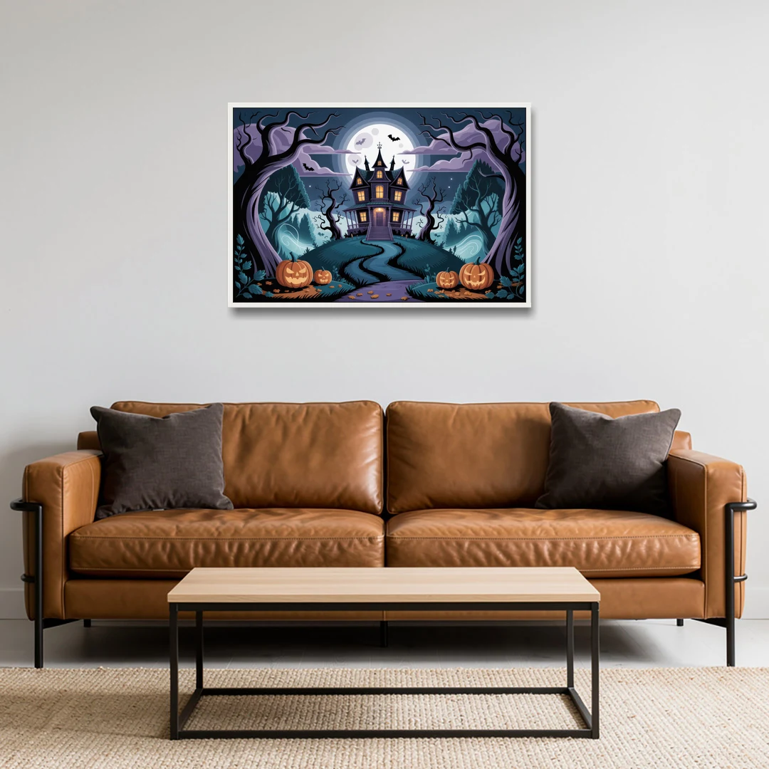 Ethereal Mansion Enchantment Halloween - White Framed Canvas Wall Art - Sofa - 36x24