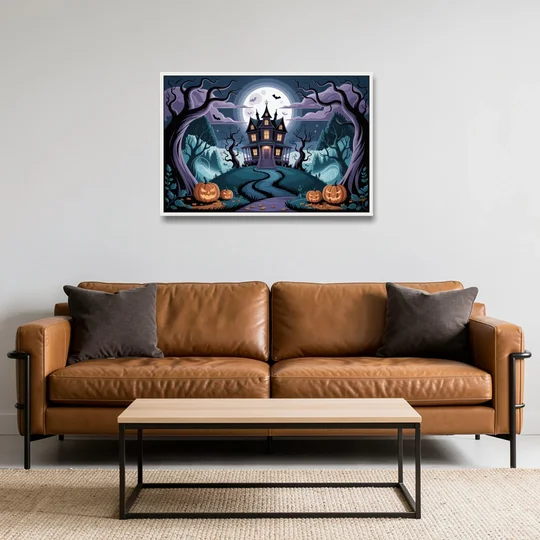 Ethereal Mansion Enchantment Halloween - White Framed Canvas Wall Art - Sofa - 36x24