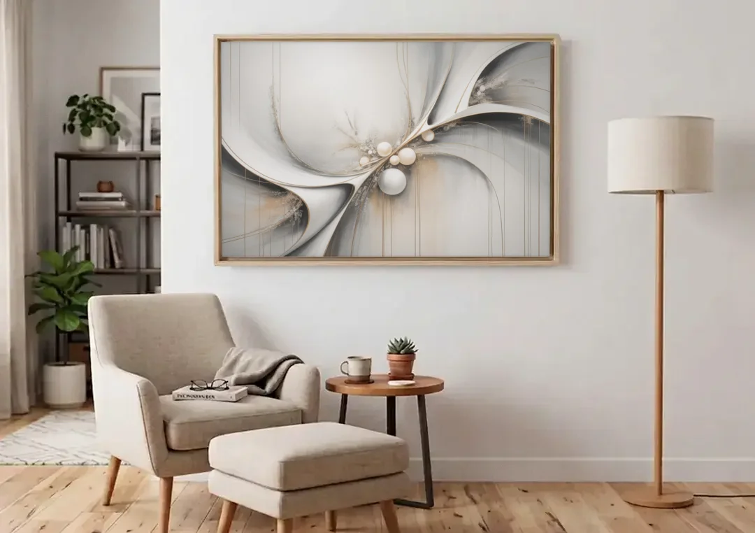 Ethereal Serenity White Abstract canvas wall art above an armchair in a bright living room