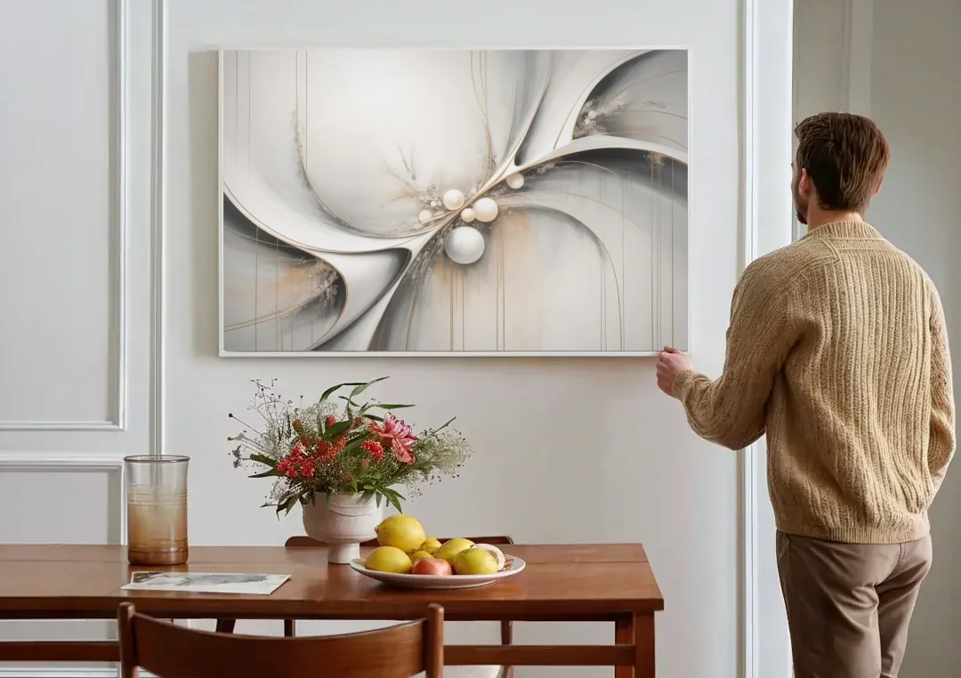 Ethereal Serenity White Abstract canvas wall art above a dining table