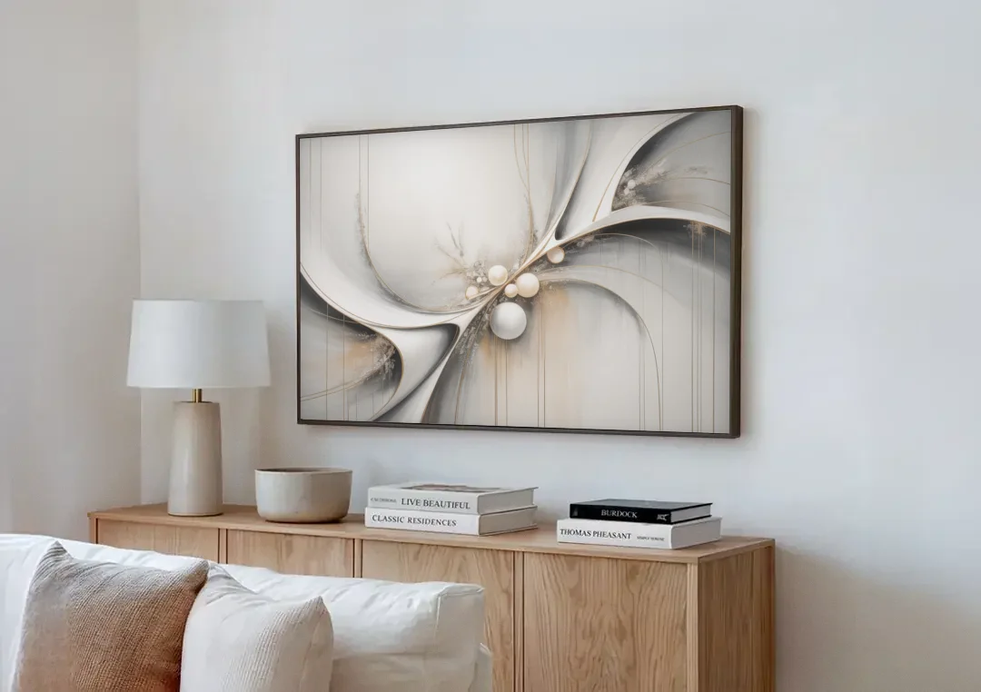 Ethereal Serenity White Abstract canvas wall art above a wooden sideboard next to a sofa