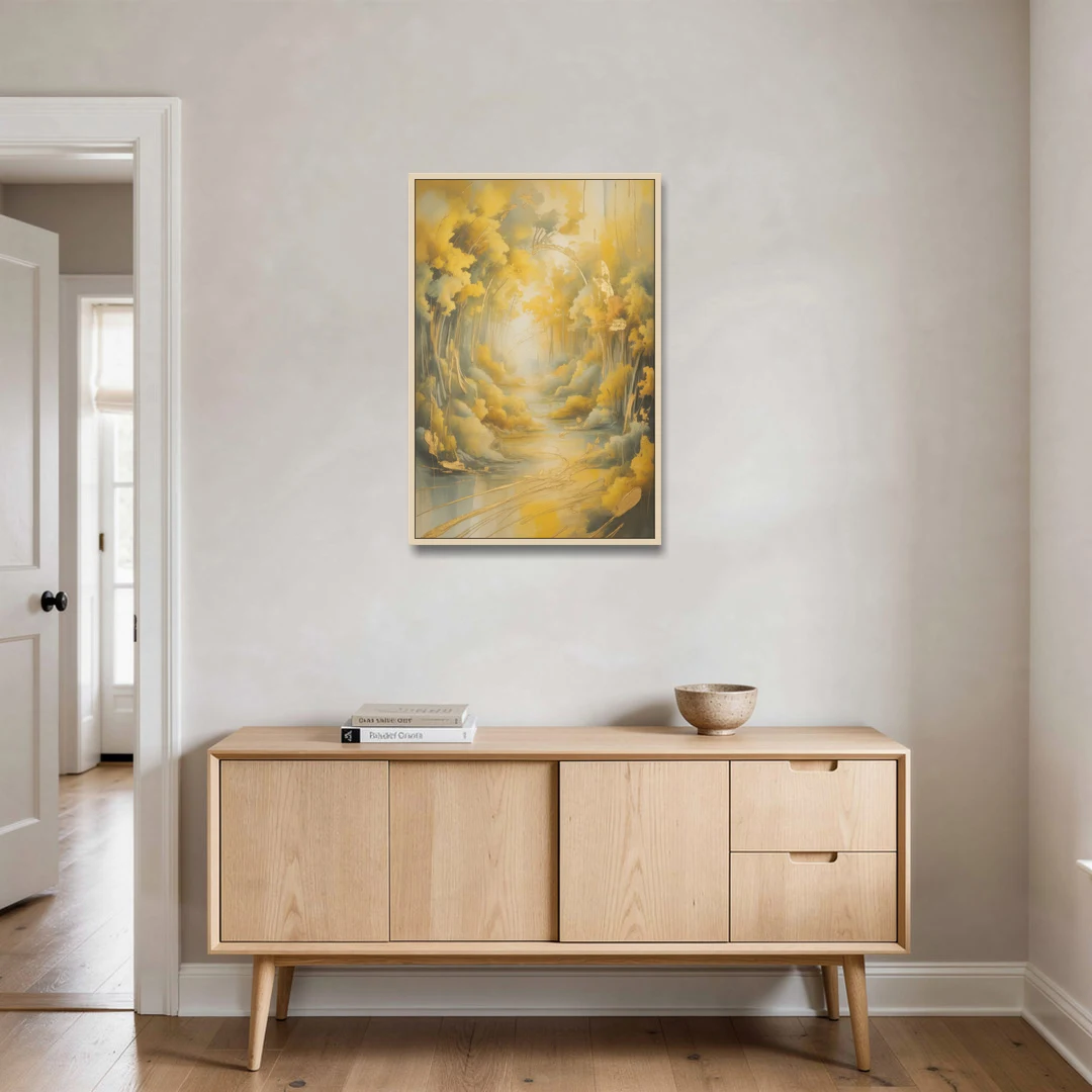 Ethereal Sunlight Yellow Abstract - Oak Framed Canvas Wall Art - Coffee Table - 24x36