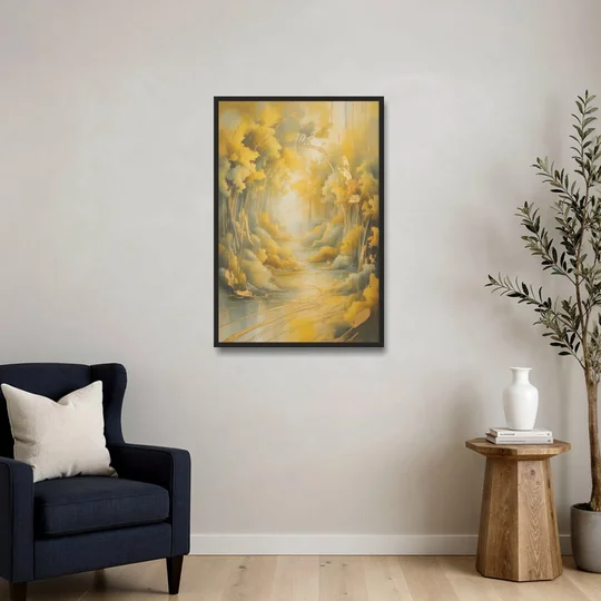 Ethereal Sunlight Yellow Abstract - Black Framed Canvas Wall Art - Sofa - 24x36