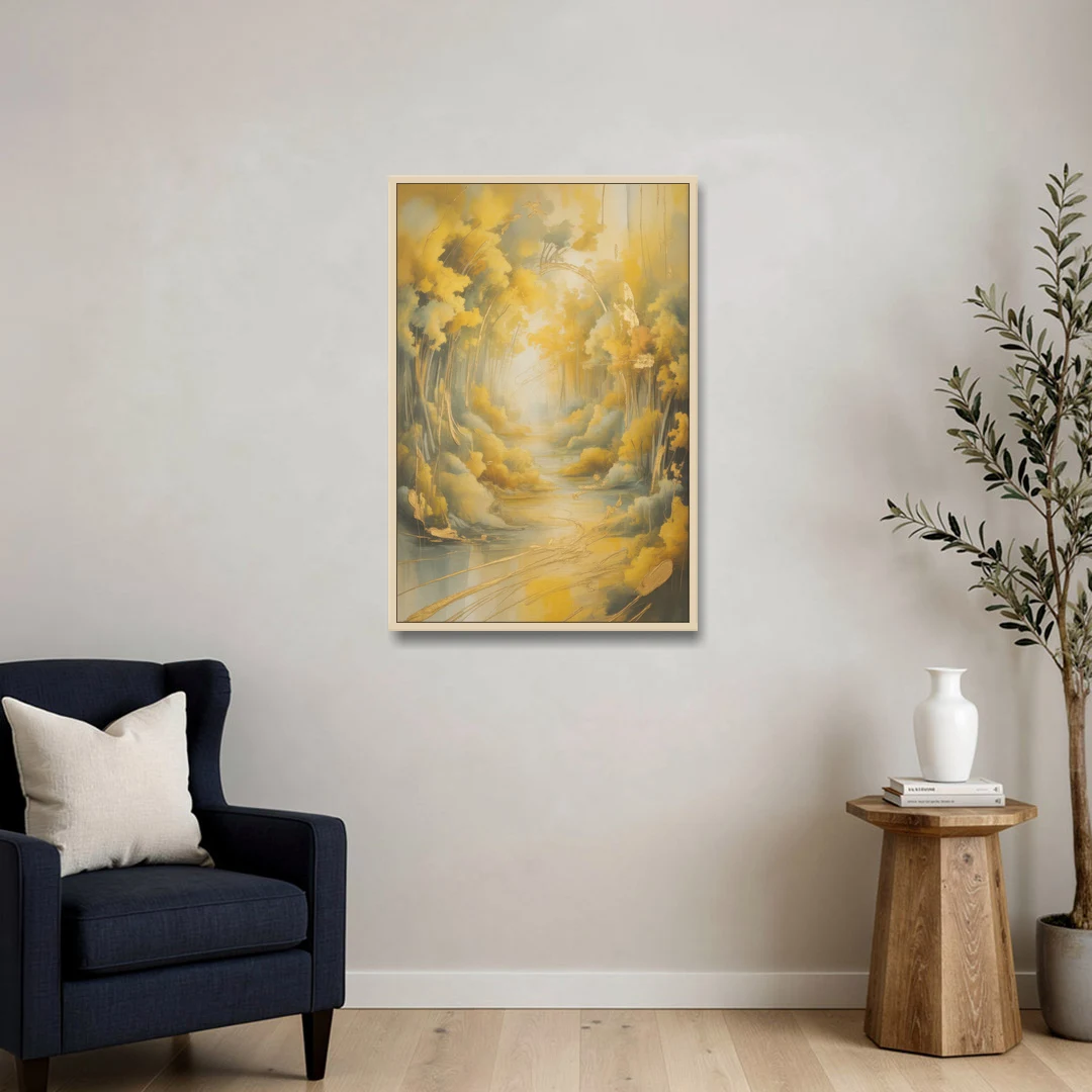 Ethereal Sunlight Yellow Abstract - Oak Framed Canvas Wall Art - Sofa - 24x36