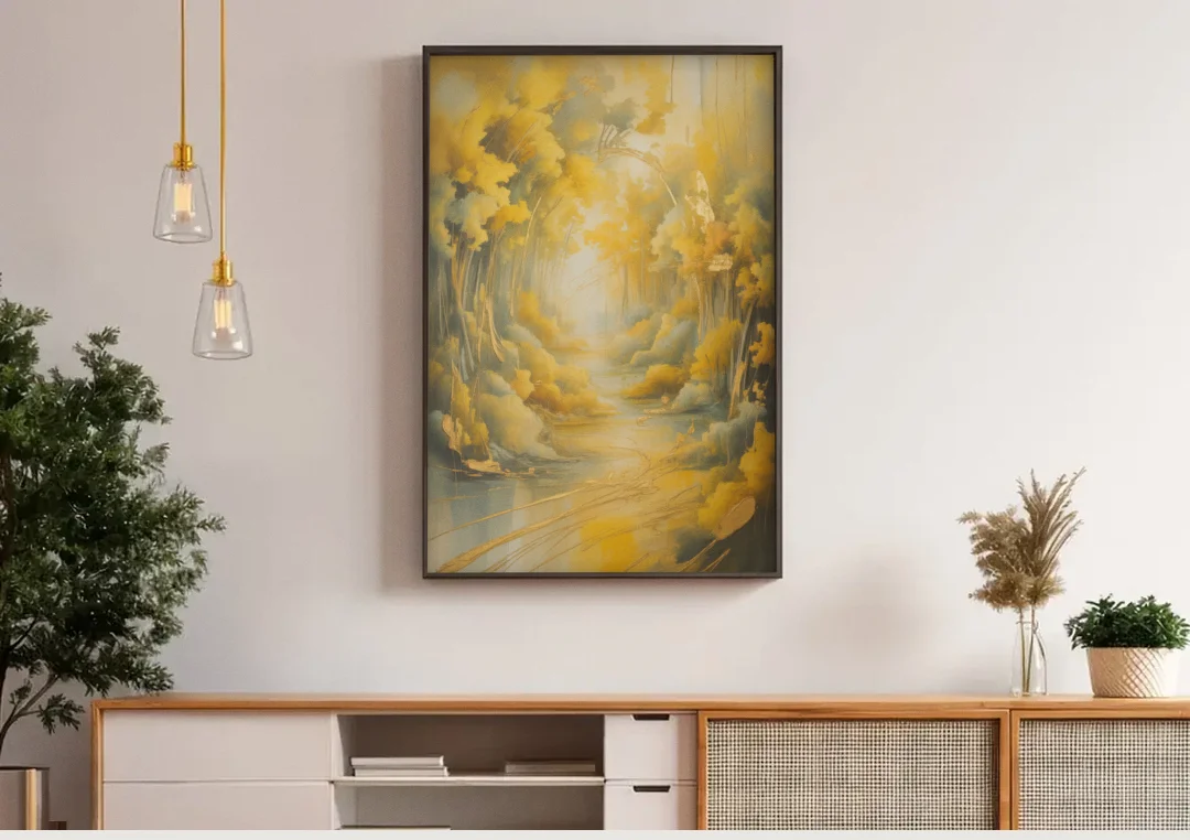 Ethereal Sunlight Yellow Abstract canvas wall art above a wooden sideboard under pendant lights