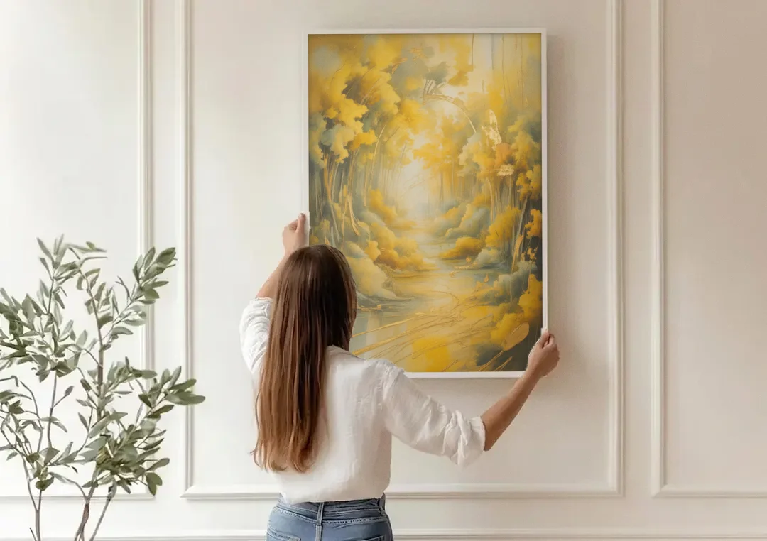 Ethereal Sunlight Yellow Abstract canvas wall art being hung on a paneled wall
