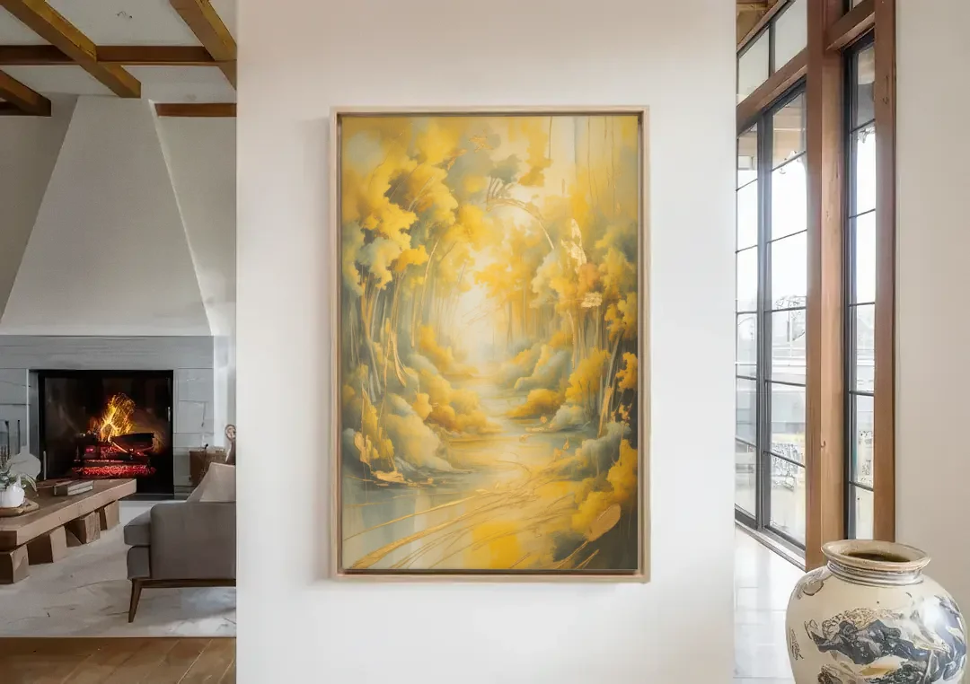 Ethereal Sunlight Yellow Abstract canvas wall art in a living room with a fireplace
