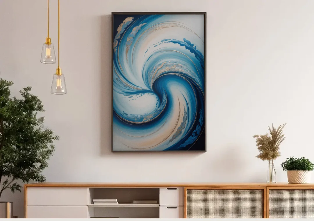 Ethereal Swirls in Blue Abstract canvas wall art above a wooden sideboard under pendant lights