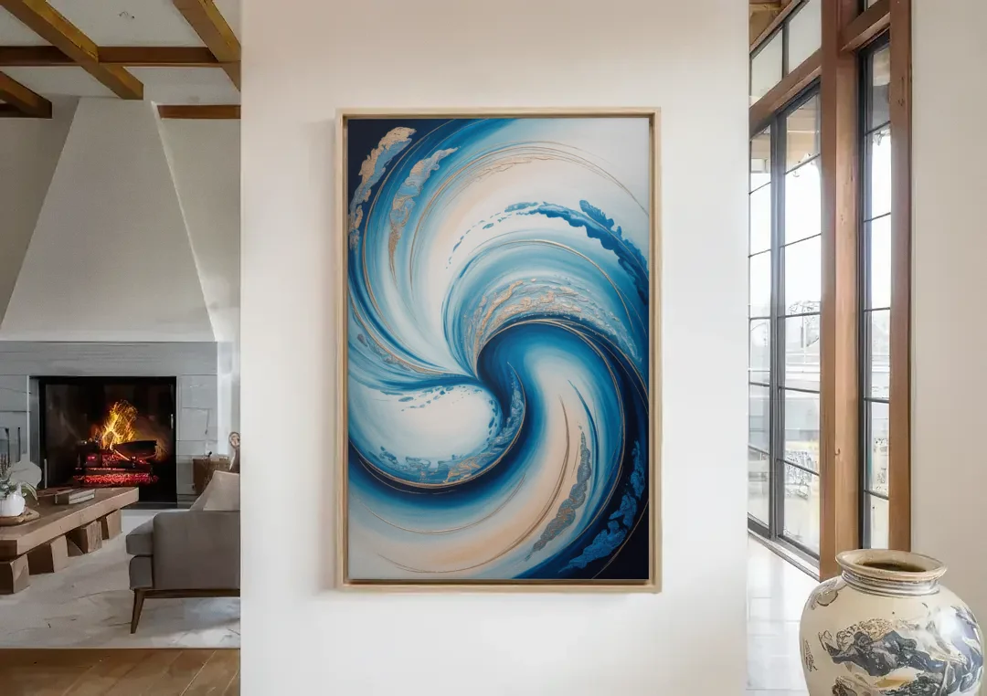 Ethereal Swirls in Blue Abstract canvas wall art in a living room with a fireplace