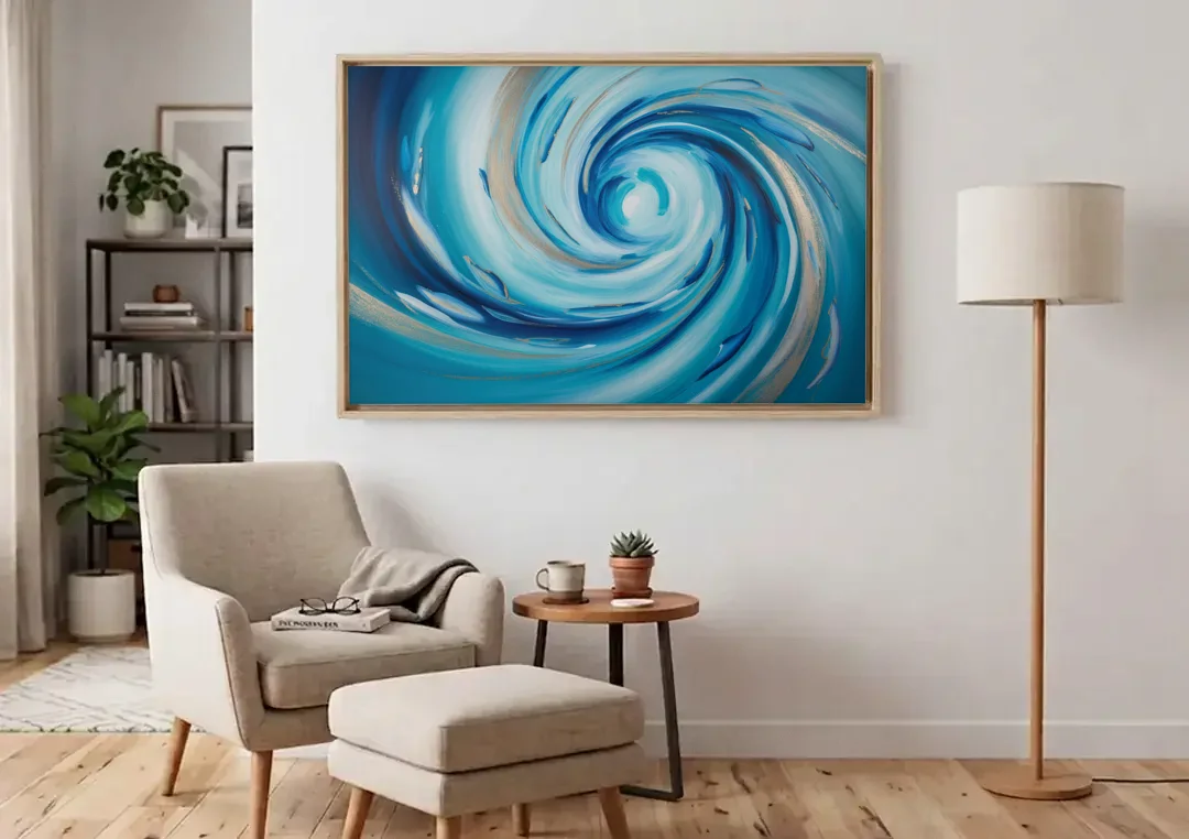 Ethereal Vortex Oceanic Blue Abstract canvas wall art above an armchair in a bright living room